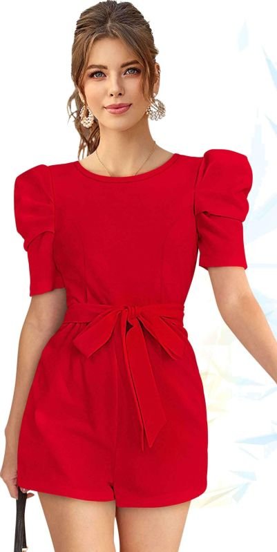 Ladies Red Solid Puff Sleeve Romper