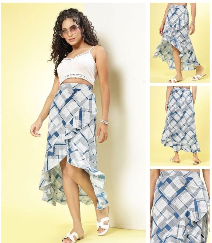 Ladies Blue Ocean Grid Ruffle Skirt