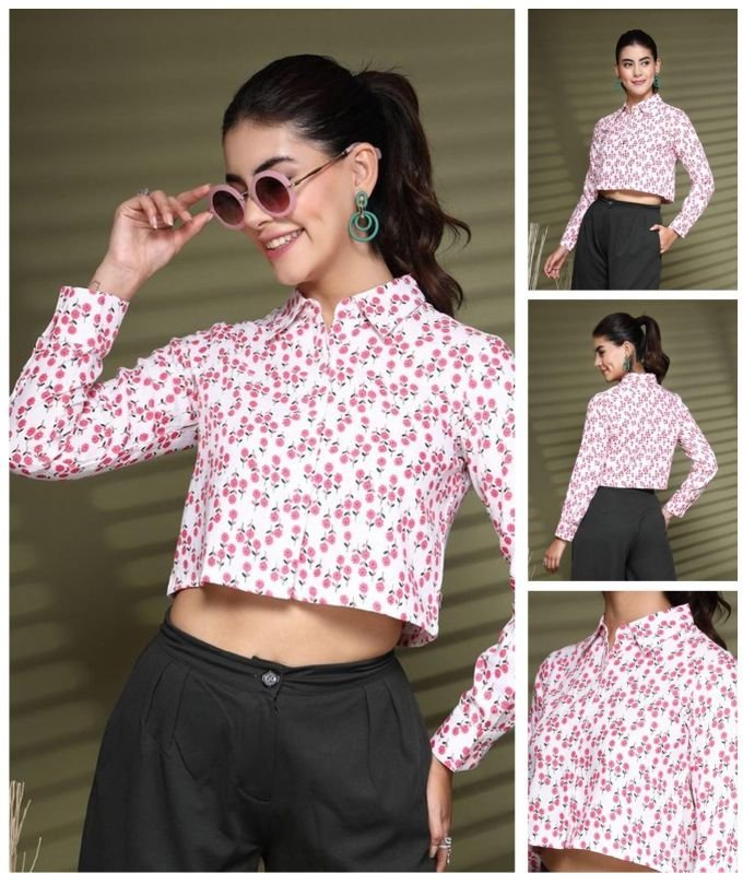 Ladies Pink Floral Printed Stylish Crop Shirt