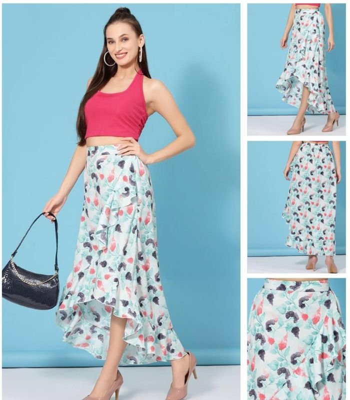 Ladies White Floral Asymmetrical Skirt