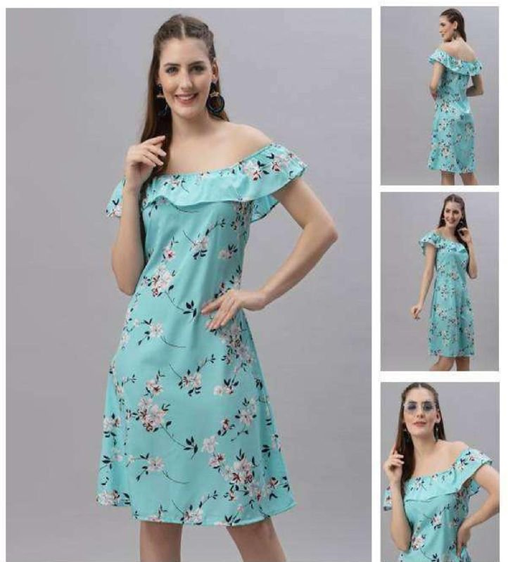 Ladies Light Blue Floral Off Shoulder Dress