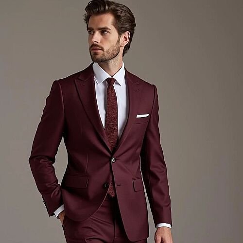 Designer Luxury Burgundy Three Piece Suit