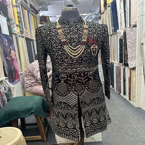 Elegant Traditional Maroon Velvet Embroidered Indo Western Sherwani