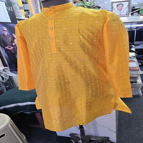 Embellished Yellow Mirror Work Mens Embroidered Kurta