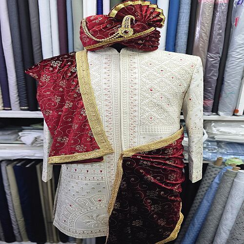 Ivory Silk Indo Western Sherwani with Shawl &AMP; Turban