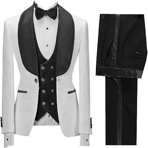 Mens Black and White Five Piece Wedding Suit