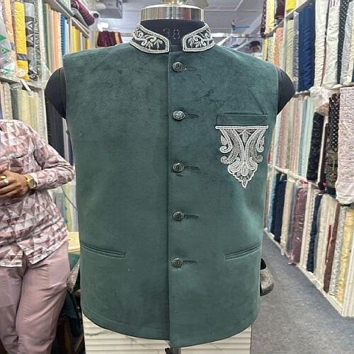 Mens Green Embroidered Traditional Indian Jodhpuri Half Jacket