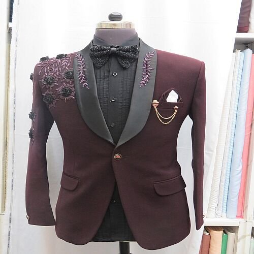 Mens Handcrafted Maroon and Black Floral Embroidery Blazer
