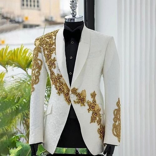 Mens White and Golden Bespoke Embroidered Blazer