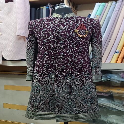Traditional Luxurious Embroidered Mroon Sherwani