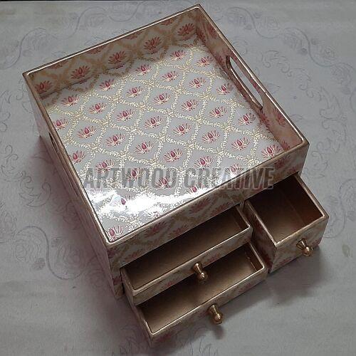 Wooden Printed Serving Tray With Drawer