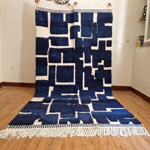 Abstract Block Pattern Navy Blue Hand Knotted Moroccan Rug
