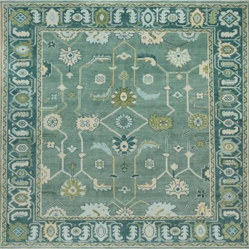 Abstract Floral Teal & Cream Hand Knotted Rug
