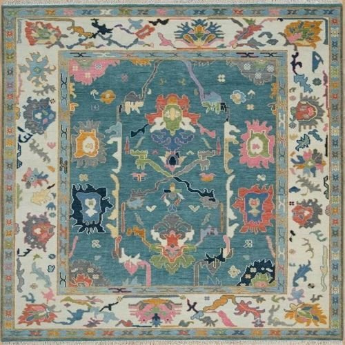 Abstract Floral Teal Hand Knotted Rug