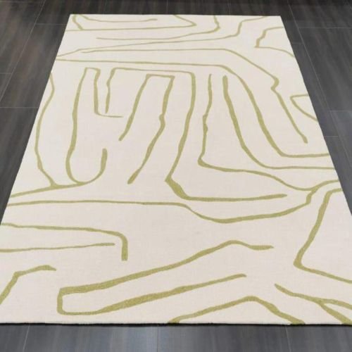 Abstract Line Design Beige Green Hand Tufted Area Rug