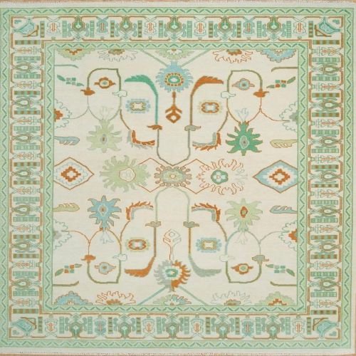 Abstract Topographic Green Hand Knotted Rug