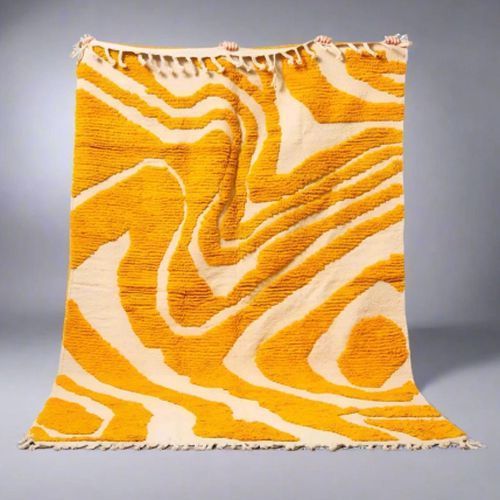 Abstract Yellow Cream Wavy Stripe Hand Knotted Moroccan Rug