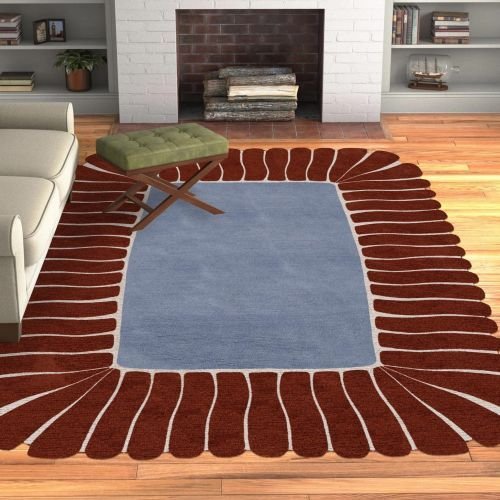 Blue Brown Scalloped Border Geometric Hand Tufted Area Rug