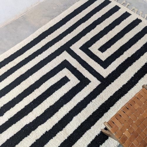 Bold Striped Geometric Black &AMP; White Hand Knotted Moroccan Rug