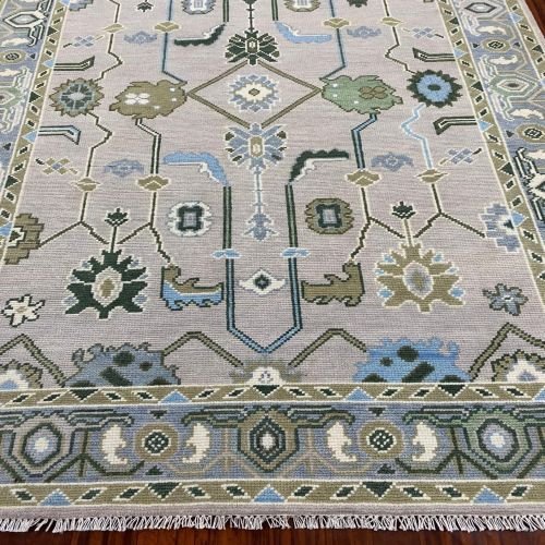 Geometric Floral Beige & Blue Hand Knotted Rug