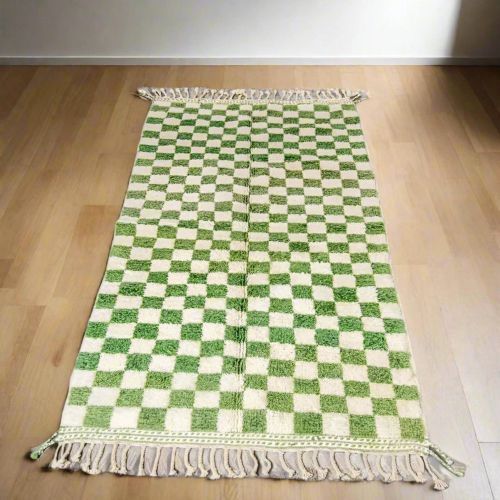 Green &AMP; White Checkered Hand Knotted Moroccan Rug