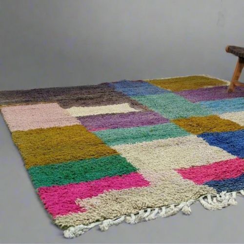 Multi Color Patchwork Striped Hand Knotted Moroccan Rug