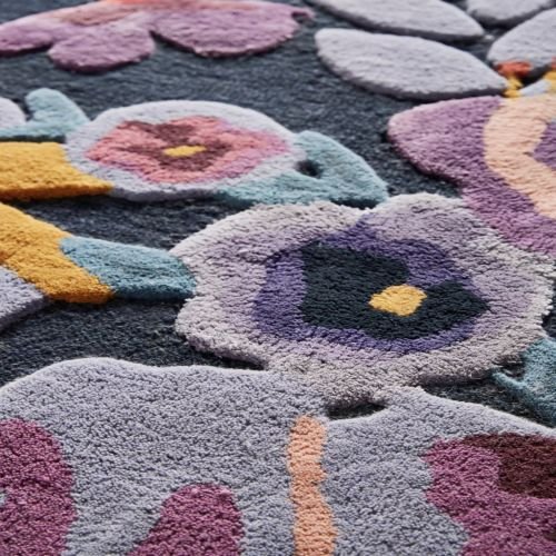 Pastel Floral Pattern Dark Base Hand Tufted Area Rug