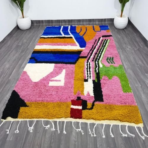 Vibrant Abstract Geometric Multi Color Hand Knotted Moroccan Rug