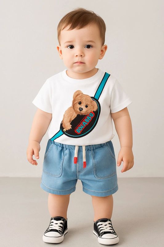 Boys White Blue Cotton T Shirt Short Set