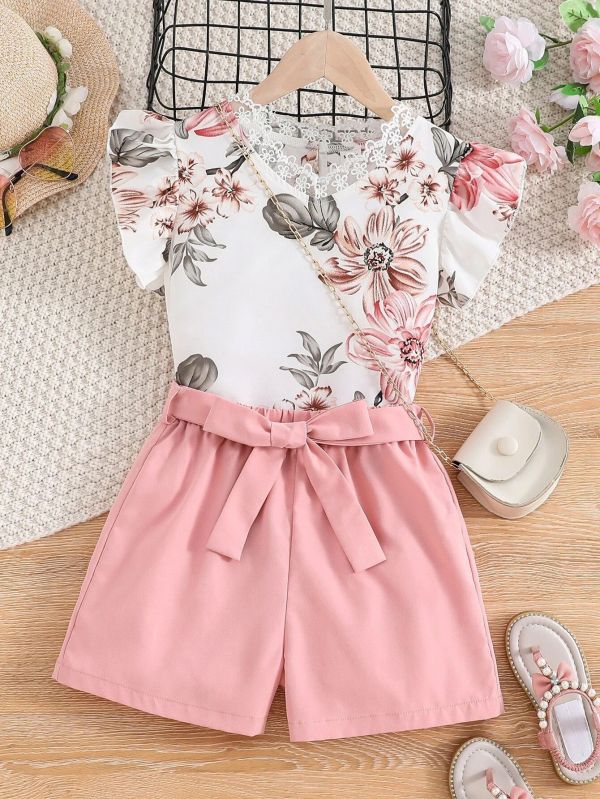 Girl Cotton Floral Printed Top Bottom Set