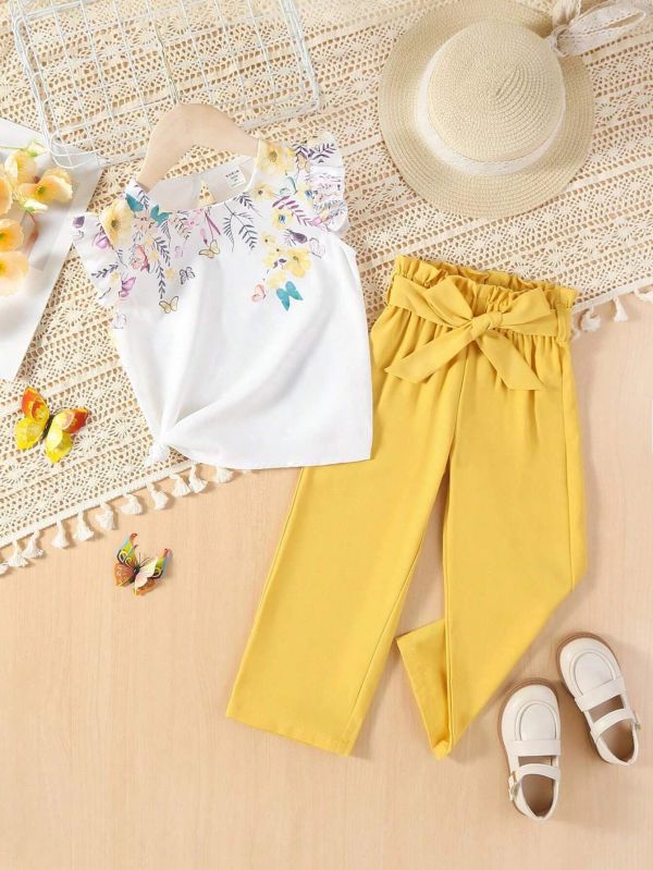 Girl Cotton Yellow Floral Printed Top Bottom Set