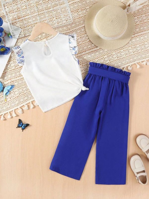 Girl Cotton White Blue Printed Top Palazzo Set