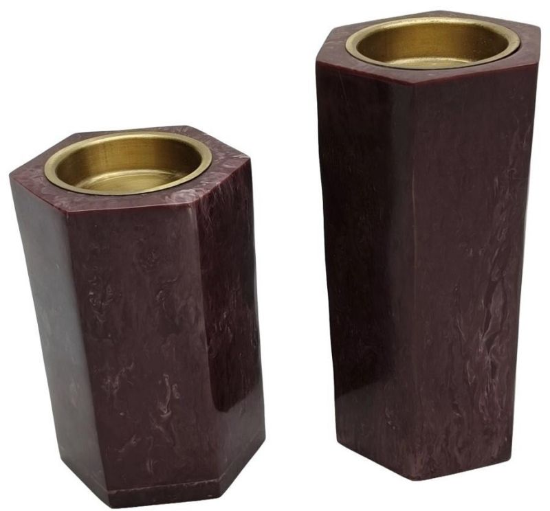 Modern Brown Marbled Resin Gold Metal Hexagonal Candle Holder Set