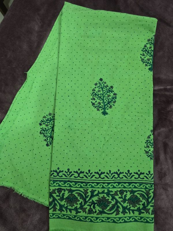 Green Hand Block Printed Poly Cotton Kurta Fabric
