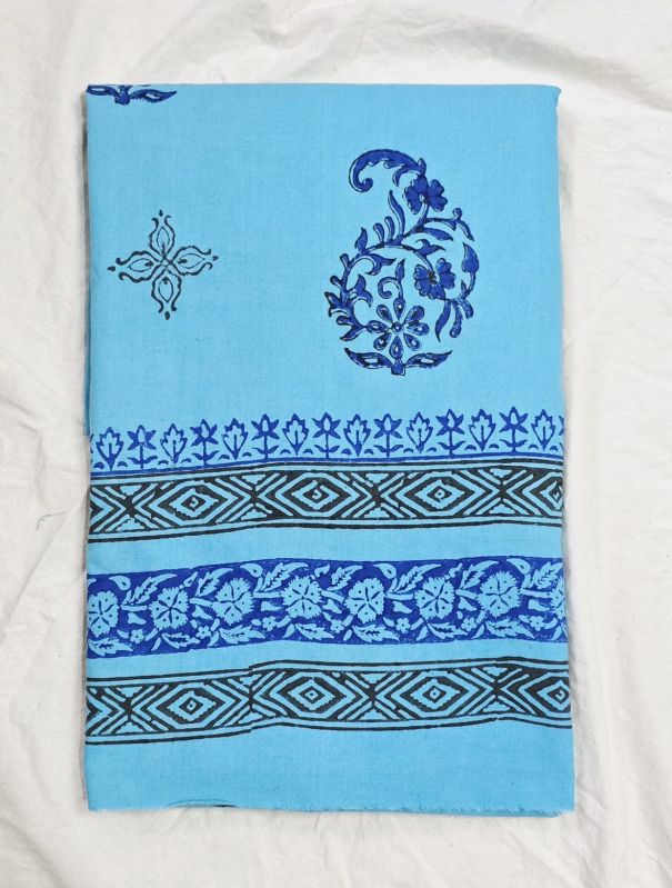 Sky Blue Hand Block Printed Poly Cotton Kurta Fabric