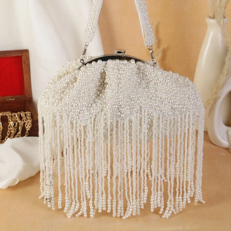 White Pearl Tassel Hand Bag