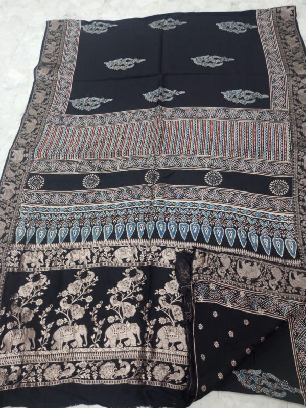 Black Hand Block Printed Dola Silk Saree