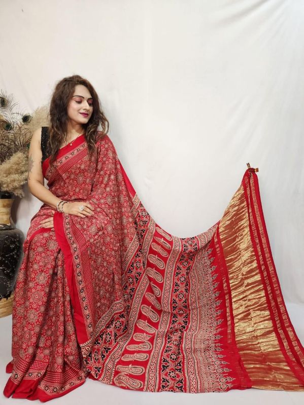 Red Ajrakh Modal Silk Saree