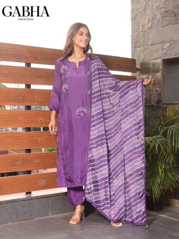 Russian Silk Embroidery Plain Kurta Pant Dupatta