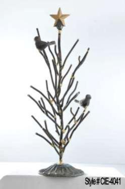 Metal Christmas Tree Sculpture with Bird Accents and Golden Star Topper