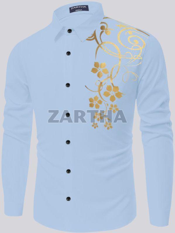 Mens Printed Cotton Light Blue Shirt