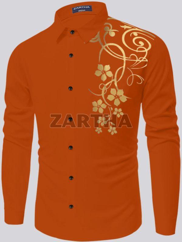 Mens Printed Cotton Orange Shirt