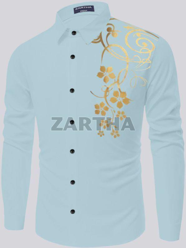 Mens Printed Cotton Sky Blue Shirt