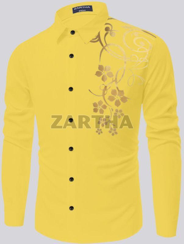 Mens Printed Cotton Yellow Shirt