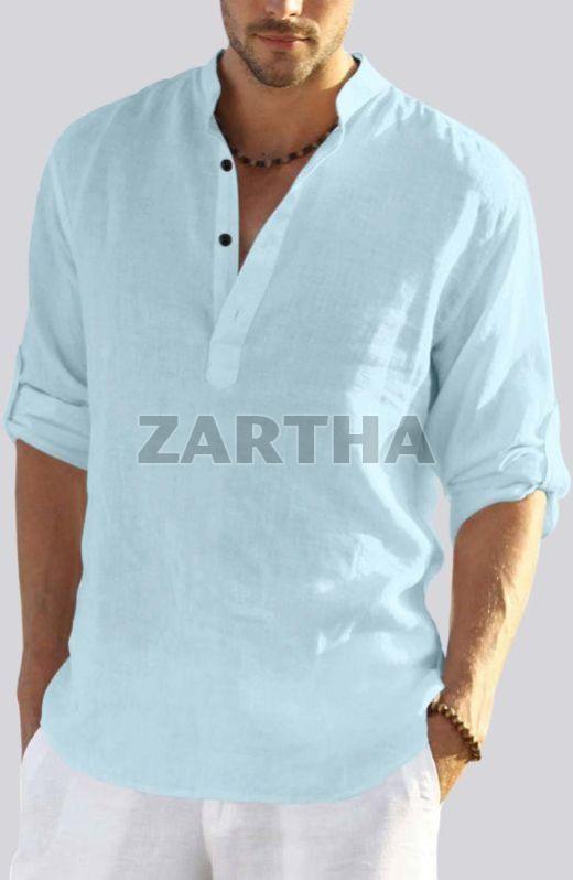 Mens Stylish Cotton Linen Full Sleeves Regular Fit Short Kurta Shirt