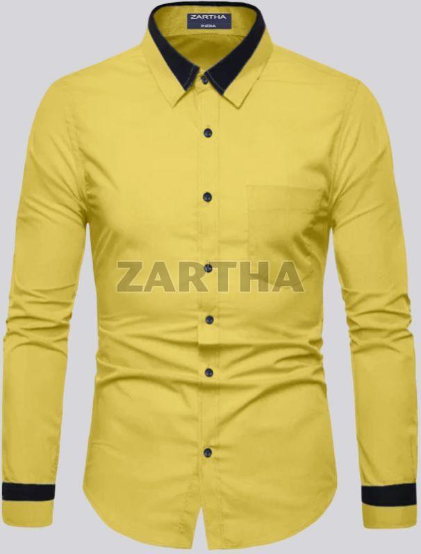Mens Yellow Solid Cotton Blend Regular Fit Casual Shirt