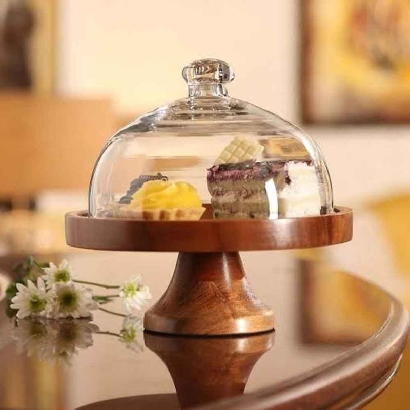 Wooden Cake Stand with Glass Dome