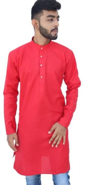 Pure Cotton Mens Red Plain Kurta