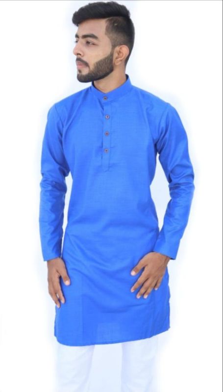 Pure Cotton Mens Royal Blue Plain Kurta
