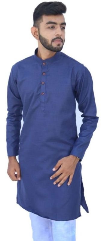 Pure Cotton Mens Space Blue Plain Kurta